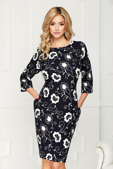 Black dress elegant midi pencil with floral prints with 3/4 sleeves