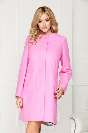 Pink trenchcoat elegant short cut wool straight one button fastening