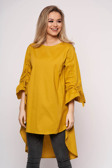 Mustard dress casual asymmetrical a-line cotton 3/4 sleeve