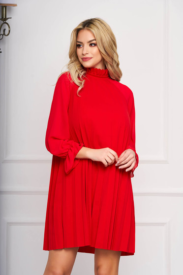 Red dress elegant short cut from veil fabric a-line long sleeved