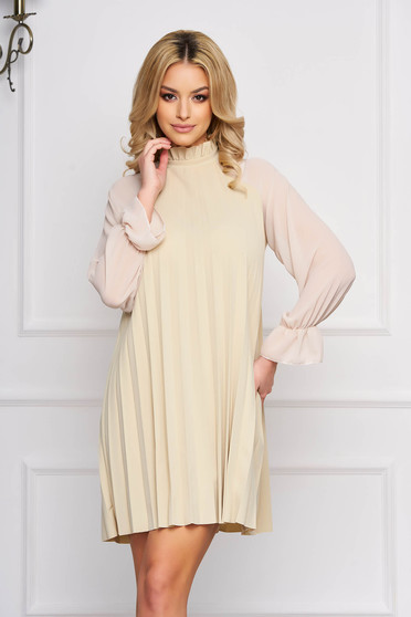 Cream dress elegant short cut from veil fabric a-line long sleeved