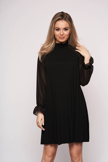 Black dress elegant short cut from veil fabric a-line long sleeved