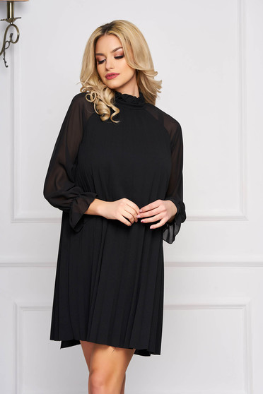 Black dress elegant short cut from veil fabric a-line long sleeved