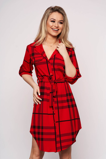 Red dress casual daily midi straight with pockets accessorized with tied waistband