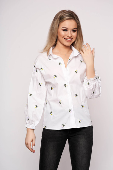 White women`s shirt casual flared short cut cotton with floral print