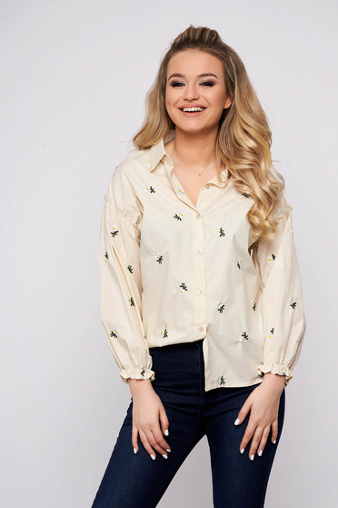 Cream women`s shirt casual flared short cut cotton with floral print