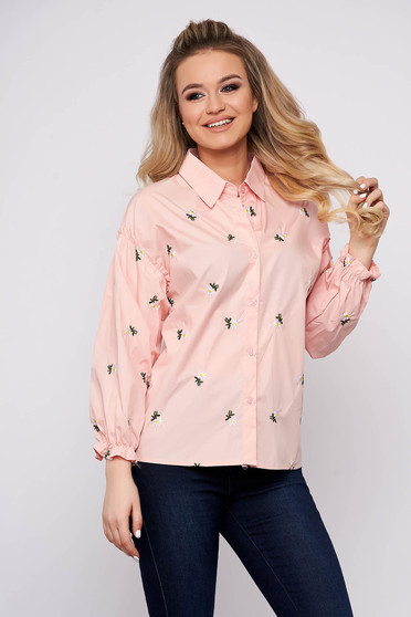 Peach women`s shirt casual flared short cut cotton with floral print