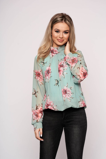 Aqua women`s shirt with floral prints from veil fabric short cut flared long sleeve elegant