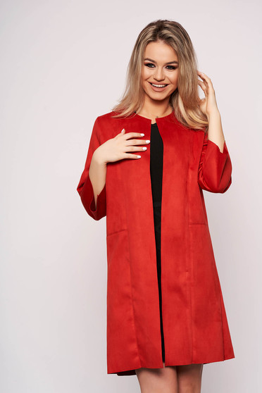 Red cardigan from velour with straight cut with 3/4 sleeves casual