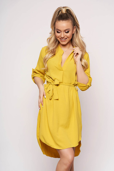 Yellow dress daily asymmetrical accessorized with tied waistband straight long sleeved