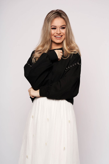 Black women`s blouse casual cotton short cut flared with crystal embellished details