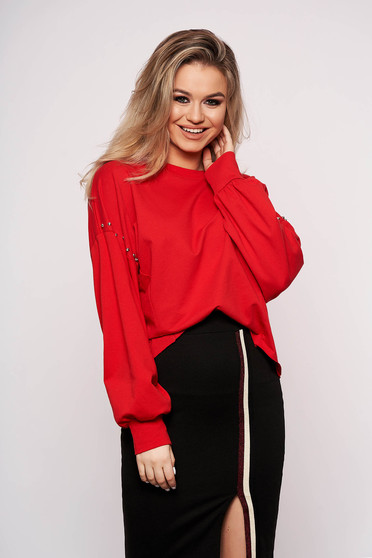Red women`s blouse casual cotton short cut flared with crystal embellished details