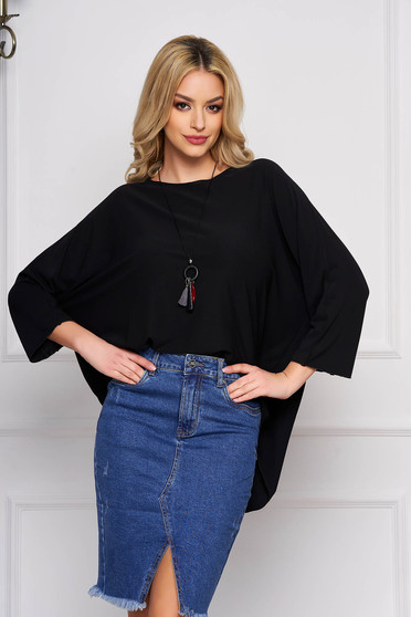 Black women`s blouse flared short cut casual asymmetrical cotton