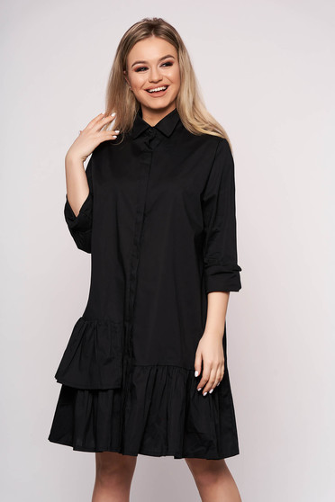 Black dress long sleeved short cut cotton with ruffle details casual cloche