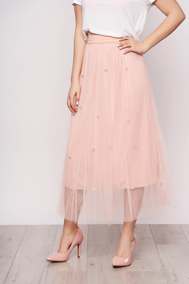 Lightpink skirt casual midi from tulle high waisted with pearls
