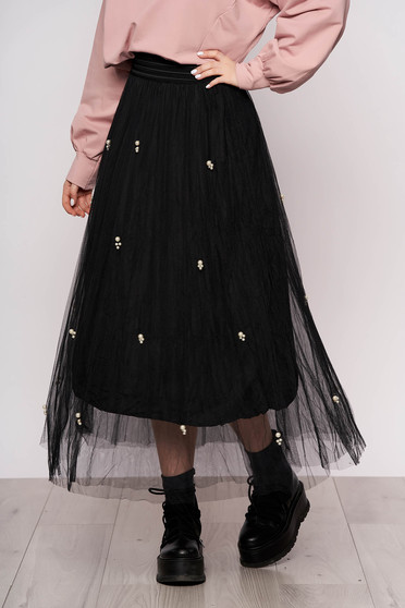 Black skirt casual midi from tulle high waisted with pearls