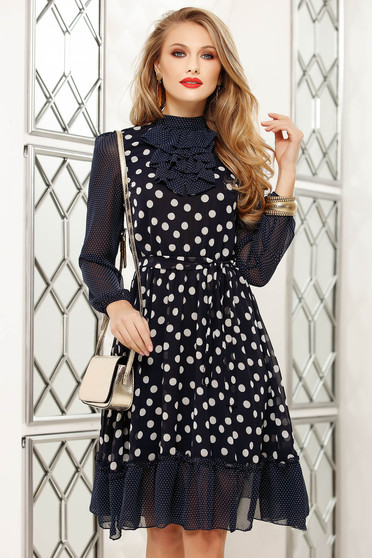 Darkblue dress office cloche midi long sleeved with ruffle details from veil fabric dots print