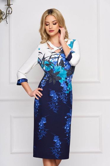 Darkblue dress with floral print cloth straight elegant midi