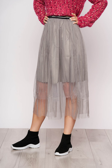 Grey skirt casual midi cloche from tulle with elastic waist with inside lining