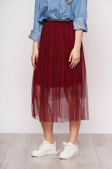 Burgundy skirt casual midi cloche from tulle with elastic waist with inside lining