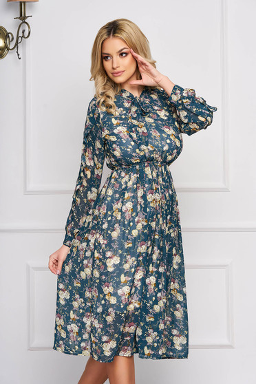 Dirty green dress from veil fabric with floral print with elastic waist cloche midi elegant