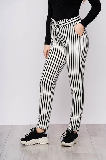 White trousers casual thin fabric with pockets detachable cord with stripes
