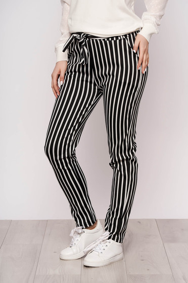 Black trousers casual thin fabric with pockets detachable cord with stripes