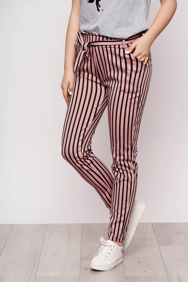 Pink trousers casual thin fabric with pockets detachable cord with stripes