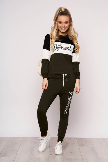 Khaki sport 2 pieces with writing print with pockets cotton casual 2 pieces with trousers