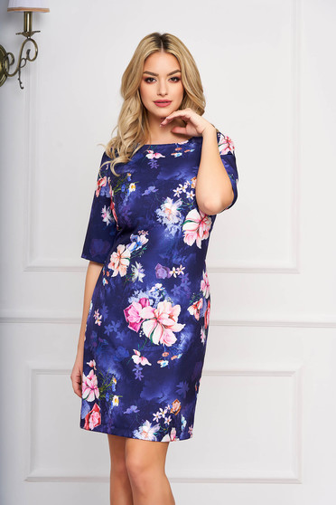 StarShinerS darkblue dress with floral prints straight cloth midi elegant