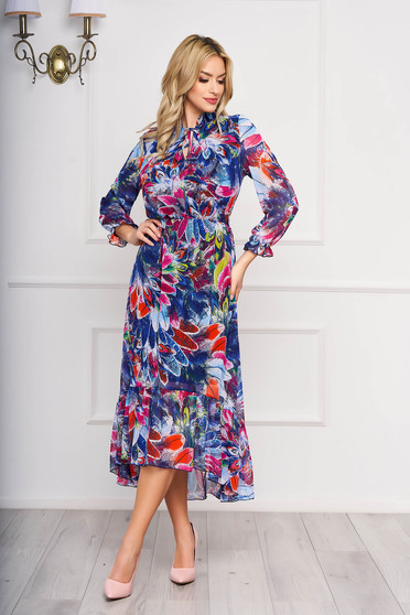 Blue dress with floral prints elegant asymmetrical from veil fabric with elastic waist