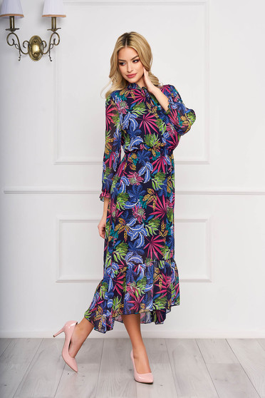 Pink dress with floral prints elegant asymmetrical from veil fabric with elastic waist