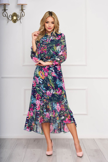 Green dress with floral prints elegant asymmetrical from veil fabric with elastic waist