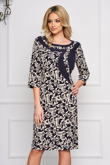 Darkblue dress with graphic details straight midi cloth elegant