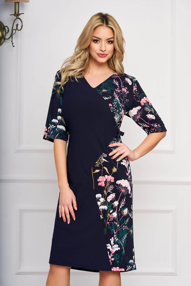 Darkblue dress with floral prints straight elegant midi cloth