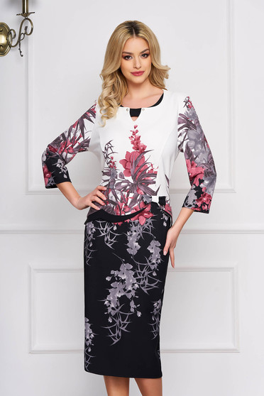 White dress elegant straight midi with floral prints with frilled waist bow accessory