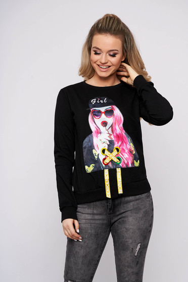 Black women`s blouse casual short cut flared cotton with graphic details