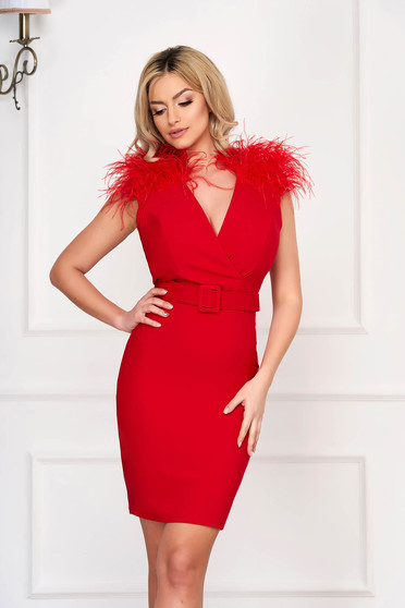 Red dress occasional short cut pencil accessorized with belt feather details cloth